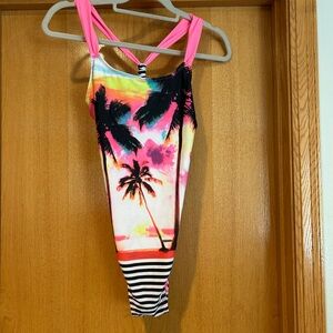 Justice Pink and Black Palm Tree Kids Swimsuit